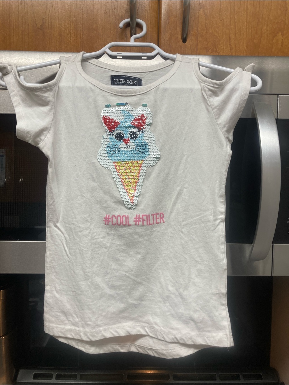Cherokee White Girls' Cold-Shoulder Sequin Cat Ice Cream Tee